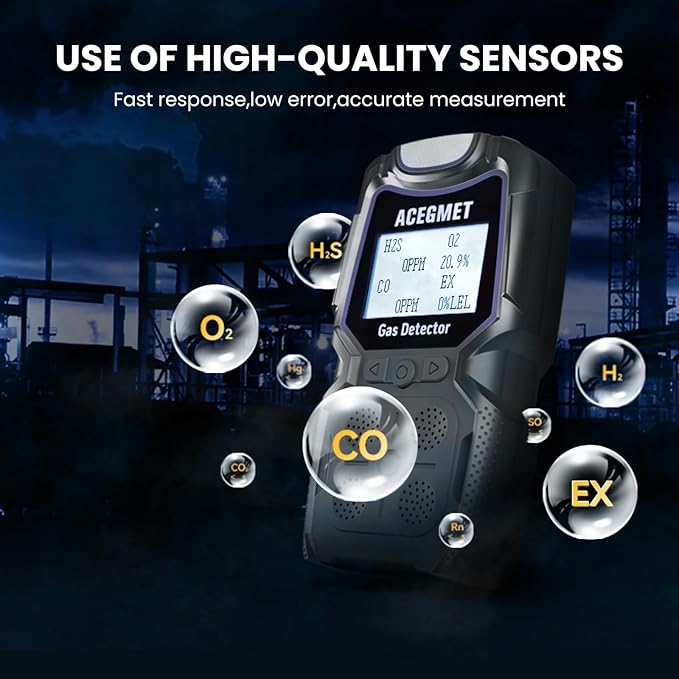 ACEGMET Gas Detector, 4 Gas Monitor Multiple Indicator (Vibration, Audible, Visual) H2S, O2, CO and LEL 4 Gas Monitor Personal Rechargeable 4 Gas Meter, for Work, Home, Black