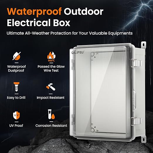 QILIPSU UL94-V0 Outdoor Electrical Box 16.4"x12.4"x7.1" Waterproof Junction Box Weatherproof PC/ABS Alloy Plastic IP66 Project Electric Enclosure Clear Hinged Door