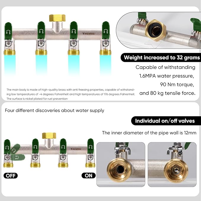 4 Way Garden Hose Splitter, Heavy Duty Brass Nickel Plated Rust Resistant Faucet Manifold, 3/4" Frost Resistant Outdoor Hose Adapter Connector，Hose Spigot Adapter with 4 large Green handles