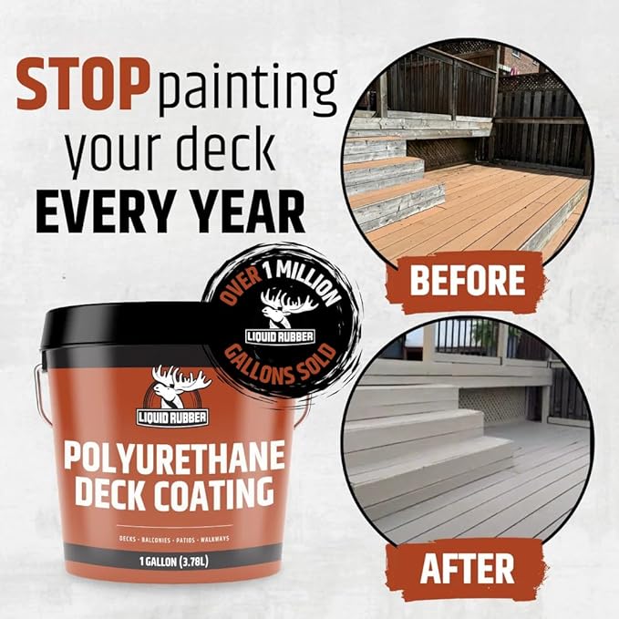 Liquid Rubber Polyurethane Deck Coating – 10X Stronger Than Traditional Deck Paint & Deck Stain – Flexible, Waterproof Sealant for Wood, Concrete & Plywood – Smooth Finish – Stone Gray – 1 Gallon