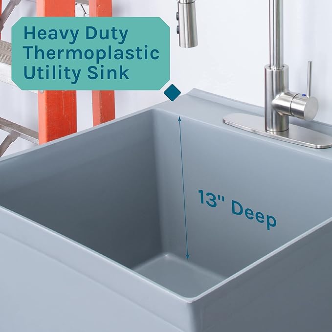 Utility Sink Extra-Deep Laundry Tub in Grey with High-Arc Stainless Steel Coil Pull-Down Sprayer Faucet, Integrated Supply Lines, P-Trap Kit, Heavy Duty Floor Mounted Freestanding Wash Station
