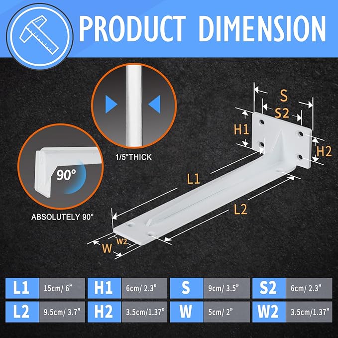 CLT Shelf Bracket( White) , 6” Quarter Inch (1/5") Thick- Max Load: 220 lb Rustic Industrial Modern Farmhouse Heavy Duty Corner Brace Joint Right Angle Bracket for DIY Table Bench, Pack of 6