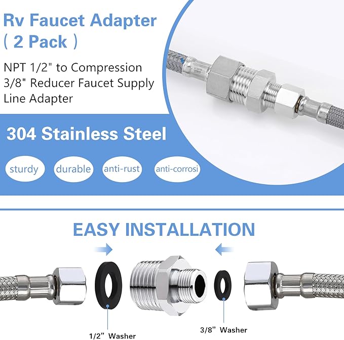 Rv Faucet Adapter,NPT 1/2" to Compression 3/8" Reducer Faucet Supply Line Adapter,Stainless Steel 304 Compression Fitting for RV Kitchen Plumbing 2 Pack