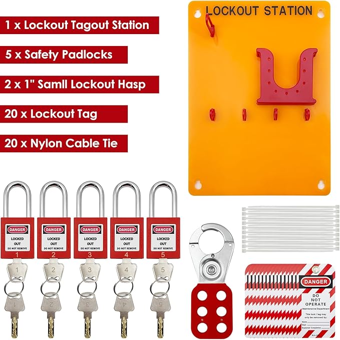 JOJOMARK Lockout Tagout Station Metal Kit with Lock Out Tag Out Loto 2 Hasps, 20 Tags, 20 Nylon Cable, 5 Locks with Number 1-5 (Orange Board kit)