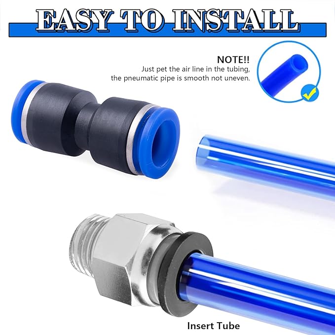 50PCS Air Line Fitting Kits, NPT Thread Push To Connect Fittings, Nylon Tubing 1/4, 3/8, 1/8, 1/2" Quick Connect, Air Line Fittings assortment kit for Automotive Car or Industry Air System