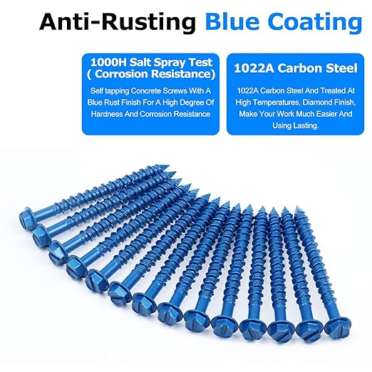 100PCS Concrete Screws Assortment Kit, 3/16" x 2-1/4" Masonry Screws with Drill Bit and Driver Bit, Hex Head Cement Screws and Anchor, Diamond Point, Self Tapping Concrete Brick or Stucco, Blue Coated