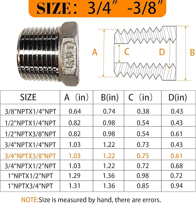 2 Pcs Stainless Steel Bushing 3/4" Male to 3/8" Female, 3/4" to 3/8" NPT Adapter Hex Stainless Steel Reducing Pipe Adapter Fitting Pipe Tube Adapter Convert