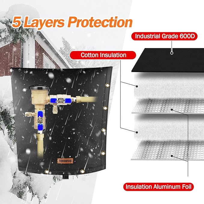 2-Way Opening Backflow Preventer Pipe Insulation Cover (5°F) - Irrigation Sprinkler Valve Cover - Water Well Pump Cover - Sturdy 5 Layers for Winter Freeze Protection (14" W x 18" H, Black