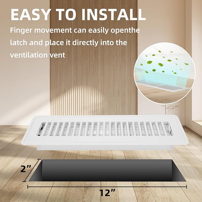 Floor Register 2x12-4 Pack Vent Covers for Home Floor Heavy Duty Steel Walkable Easy Adjust Air Supply Lever Cover for Sidewall, White