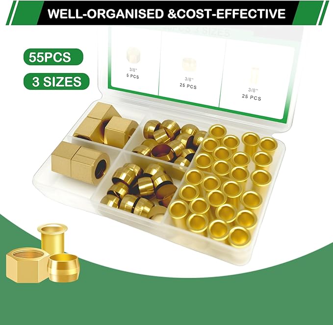 55pcs 3/8" Brass Compression Sleeves Ferrules Inserts Nuts Fittings Assortment Kit, Hose Repair Kit of Air Water Fuel Oil Gas Tube Lines.