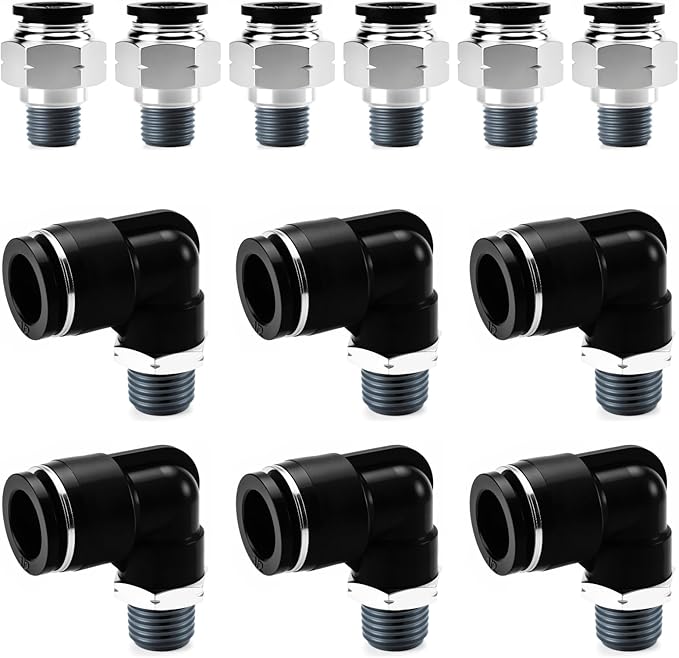 Pneumatic 1/2 Push to Connect Fittings Male Thread Elbow and Straight Combination Air Line Quick Connect Fittings 1/2"OD x 1/4"NPT Quick Connect Air Hose Fittings (Pack of 12)
