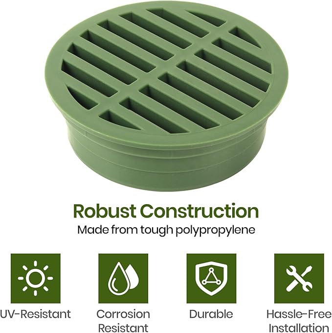 (2-Pack) Calvana 4” Plastic Round Drainage Grate Cover, Fits 4” Pipes, Prevents Debris, Ideal for Lawns, Patios, and Walkways, Durable UV-Resistant Plastic, Easy Installation, Green