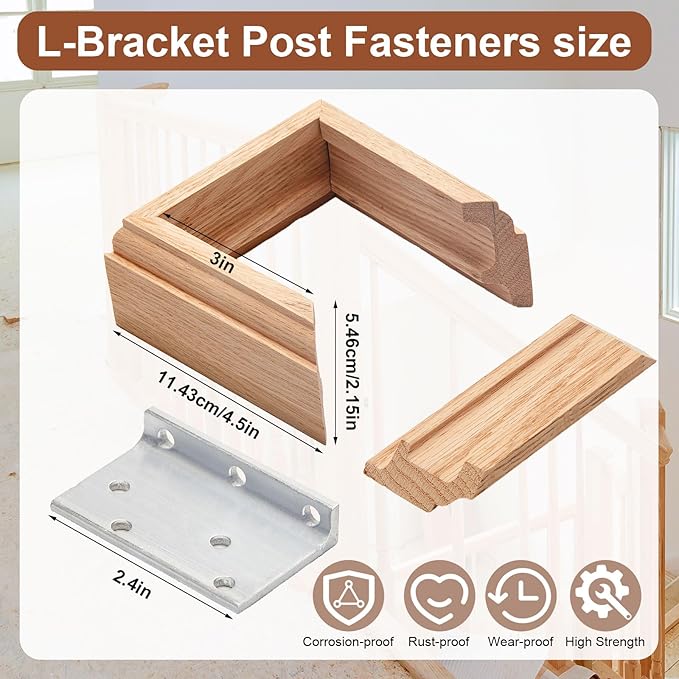 Blulu 1 Set 3" Newel Post Mounting Kit 4 Pcs L Bracket Metal Post Anchor with 4 Pcs Red Oak Wood Trim Deck Base Fasteners for Fastening Handrails Balustrades to Stairs and Floors
