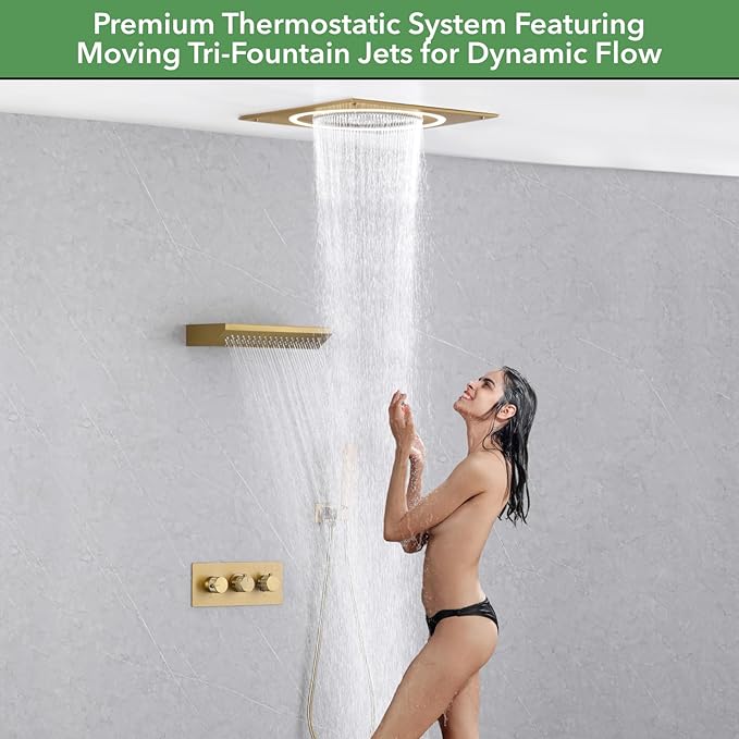 VANFOXLE Shower Faucet Set Brushed Gold Shower System,Shower Faucet with 2 in 1 Handheld,Ceiling Mount 19 Inch Shower Head+14 Inch Shoulder massager
