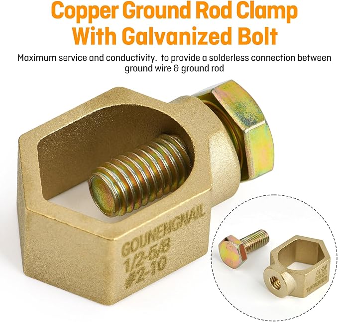 10PCS Copper Ground Rod Clamp, Great for 1/2”- 5/8” Grounding Rods (10, Brass Clamp (1/2''-5/8''))