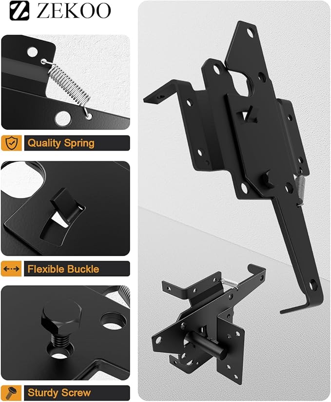 ZEKOO Stainless Steel Vinyl Fence Gate kit, Self Closing Gate Hinges and Latch, Rust Proof, Use for Vinyl Fence Gate and Wood Fences Gate, Heavy Duty 1 Gate Latch 2 Gate Hinges (Black)