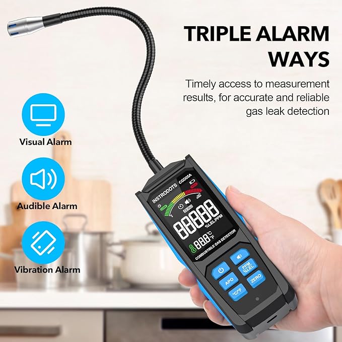 Natural Gas Detector, Gas Leak Detector with Audible & Visual Alarm, Rechargeable Gas Sniffer with 11.3-inch Gooseneck, Locating Propane, Natural Gas, Combustible Gas Leak for Home and RV