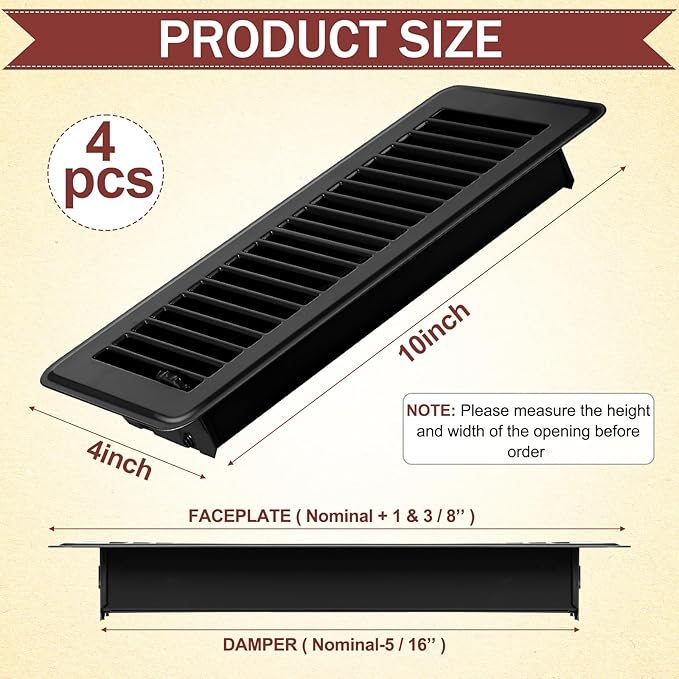 Retisee 4x12 Inches Floor Vent Covers Heavy Duty Floor Register Easy Installation Metal Heat Vent Covers with Rust Proof Finish for Home(Black,4 Pcs)