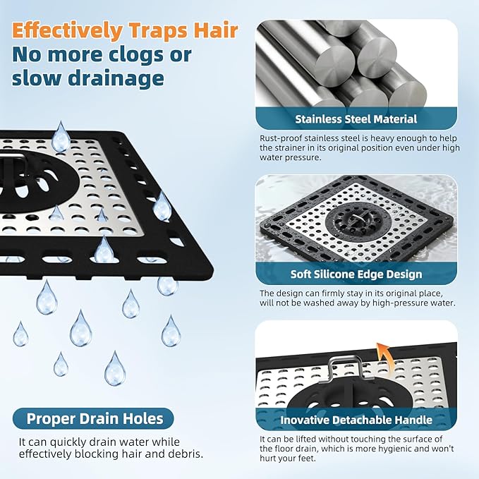 Hibbent Upgraded Shower Drain Hair Catcher, Shower Drain Cover for Bathroom Floor 4" Drain, Anti-Clogging Bathtub Drain Strainer, Stainless Steel Kitchen Sink Drain Strainer with Handle, Black