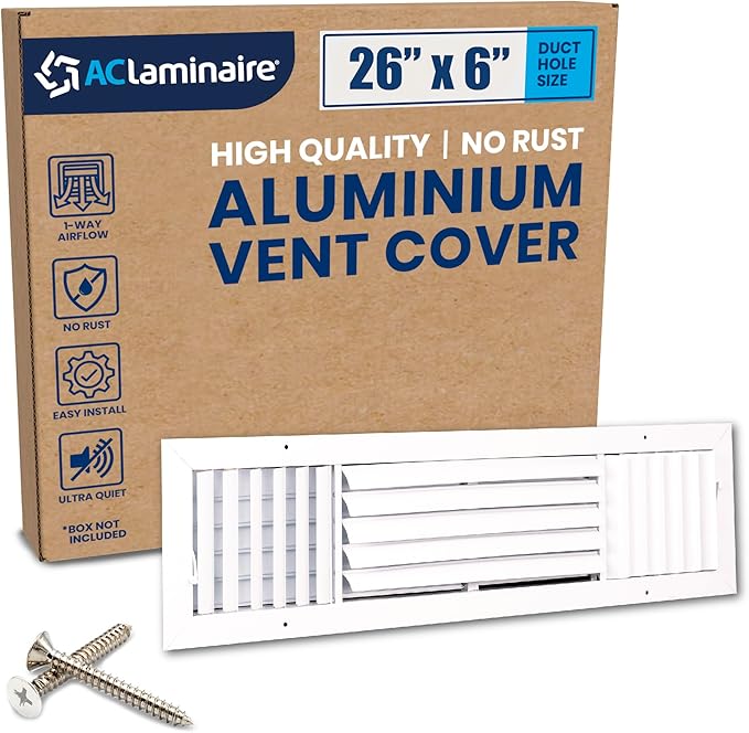 26x6 Inch (Duct Opening) Aluminum 3-Way Air Flow Vent – HVAC Vent Cover for Wall or Ceiling – Quiet HVAC Wall Register with Multi-Shutter Damper – Adjustable Curved Blade - Plastic Seal for Tight Fit
