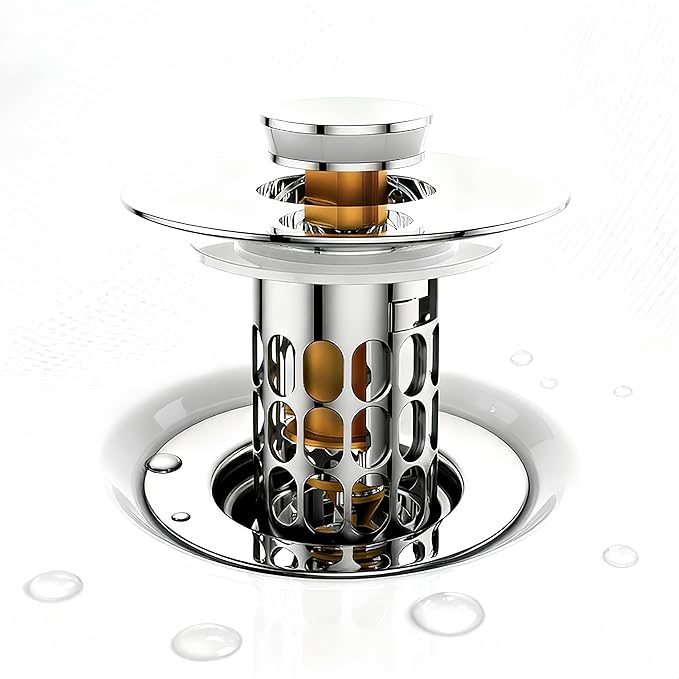 Bounce-Type Bathroom Sink Stopper with Drain Basket - 304 Stainless Steel & Solid Brass, 27-40mm Hole Fit, Odor-Proof Filter & Leak-Proof, Universal for Vanity Sinks/Washbasins
