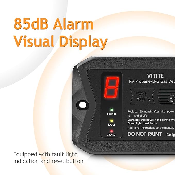 RV Propane Gas Detector, VITITE Digital RV LP Gas Alarm, Hardwired - VDC 12V, Flush & Surface Mount, with 3 Brackets