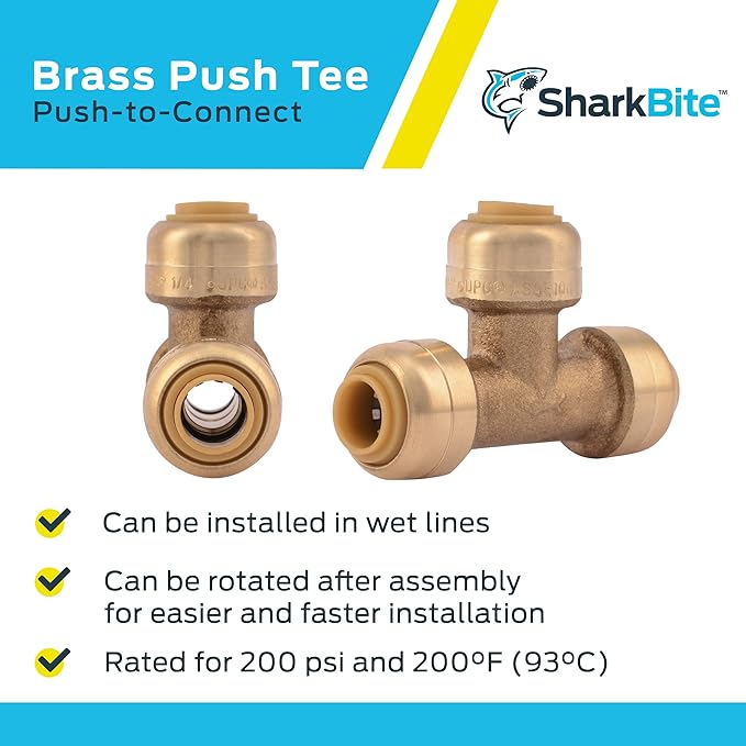 SharkBite 1/4 Inch (3/8 Inch OD) Tee, Push to Connect Brass Plumbing Fitting, PEX Pipe, Copper, CPVC, PE-RT, HDPE, U358LFA