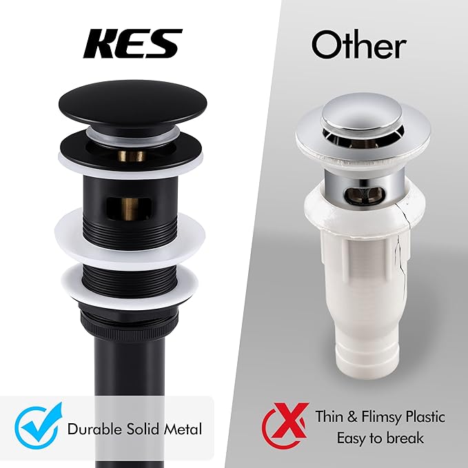 KES Bathroom Sink Drain with Overflow, Pop Up Drain Sink Stopper Matte Black, All Metal Brass and SUS304 Stainless Steel, S2008S62A-BK