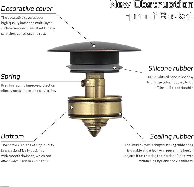 BWE Oil Rubbed Bronze One Piece Bathroom Vessel Sink Drain Stopper with Overflow Pop Up Drain Assembly with Strainer for Bathroom Vessel Vanity Faucet