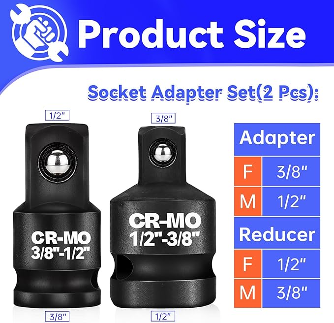 3/8" Female to 1/2" Male, 1/2" Female to 3/8" Male Impact Socket Adapter Reducer Set, 2 Pcs Chrome Molybdenum Steel Driver Conversion Adapters, for Sockets and Impact Wrench