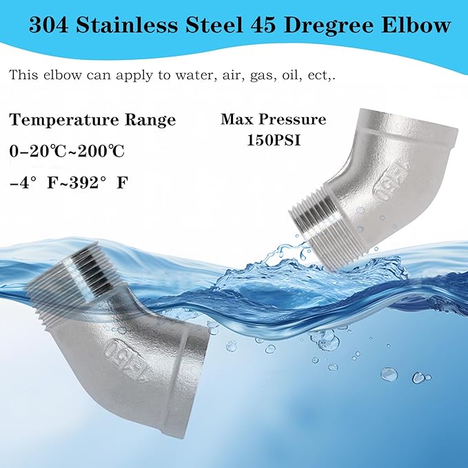 1PCS 304 Stainless Steel 45 Degree Elbow, 1" NPT Male Pipe to 1" NPT Female Coupler, Heavy Duty Forged Street Elbow Adapter Pipe Fittings, Class 150