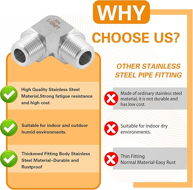 Stainless Steel Pipe Fitting 90 Degree Barstock Street Elbow 3/8" NPT Male x 3/8" NPT Male 2 Pack