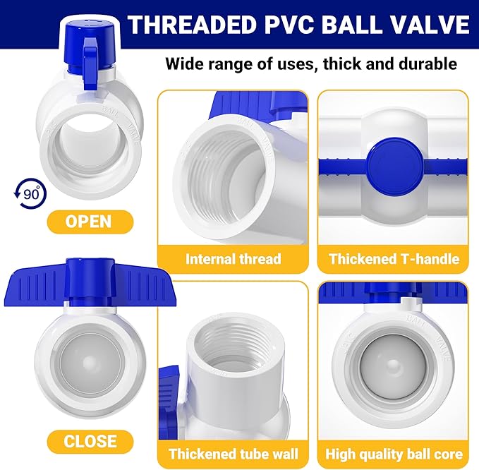 2 Pack 2'' NPT PVC Ball Valves, Blue T Handle with Shut-Off Valve Socket, SCH40 Water Pipe Valve Threaded (NPT) for Water Project, Swimming Pool,Sewage Pump, Outdoor Plumbing & Irrigation System