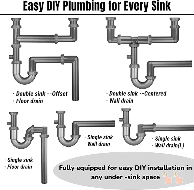 Universal 1-1/2" Kitchen Sink Drain Kit with P-Trap – Complete Plumbing Repair Kit for Most Kitchen Sinks, Includes Pipe Connectors & Installation Accessories, Easy DIY Installation