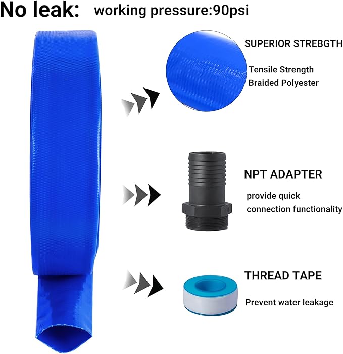 1-1/2" (Flat 2.6’’ width) x 50 FT Pool Backwash Hose Kit with Male NPT Adapter, Blue Reinforced Pool Drain Discharge Hose for Swimming Pool Filter Pump,with 2 Clamp and Thread Seal Tape