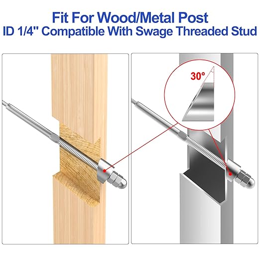 CKE 60 Pack Cable Railing Kit Hand Swage Threaded Stud Tensioner for 1/8" Cable for 2x2 Wood/Metal Post Deck Stair Cable Railing Hardware Terminal, T316 Stainless Steel Cable Railing Tensioner CR06