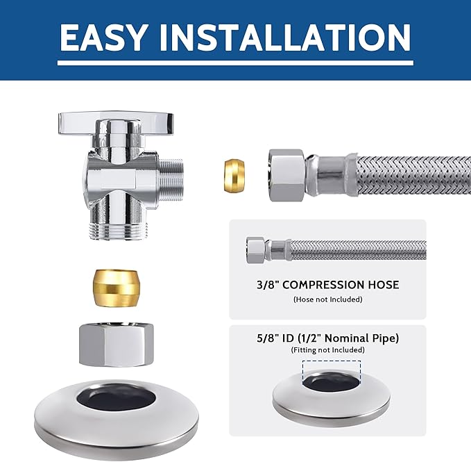 10 Pack Angle Stop Valve,1/2" Nominal Comp (5/8"OD Comp,Fits 1/2" Copper Pipe) X 3/8'' OD Compression Quater Turn Elbow Valve, 5/8 Inches OD X 3/8 Inches OD Shut Off Valve,Chrome