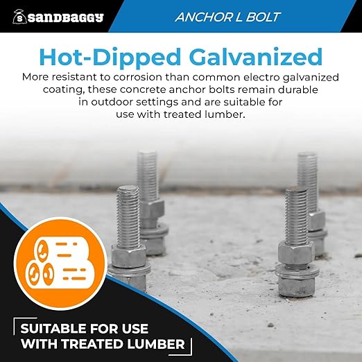Sandbaggy 1/2" x 16" Threaded Concrete Anchor L-Bolts (Nuts & Washers Included) - Hot Dipped Galvanized - Sill Plate, Base Plate, Masonry, Wood, Cement Anchors, J Bolt (10, 1/2" x 16")