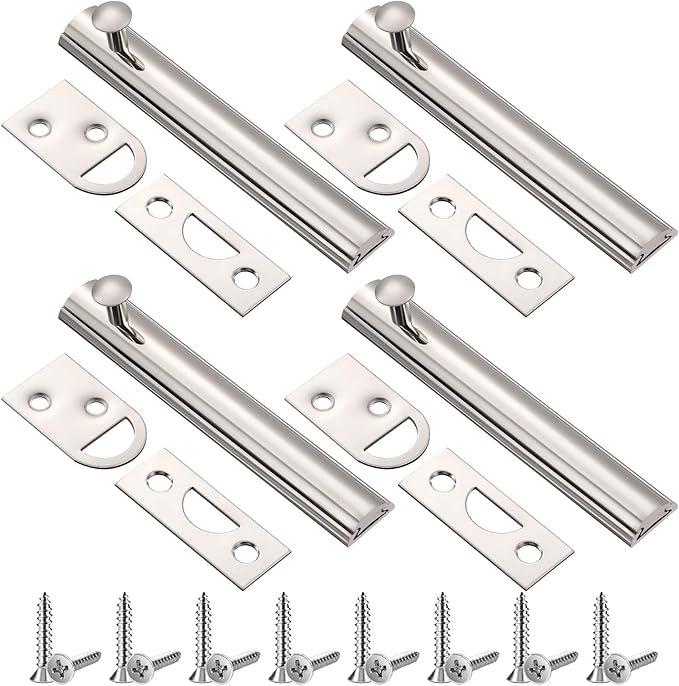 Lothee 4 Pcs Solid Brass Surface Bolt Door Slide Bolt Door Latches for Top of Slide Latch Lock(4",Silver)