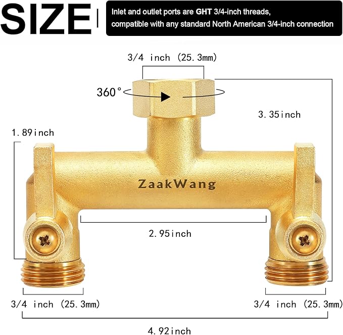 Heavy Duty Brass 2-Way Garden Hose Splitter, 3/4" GHT Threads, Metal Shutoff Valve, Long Handle