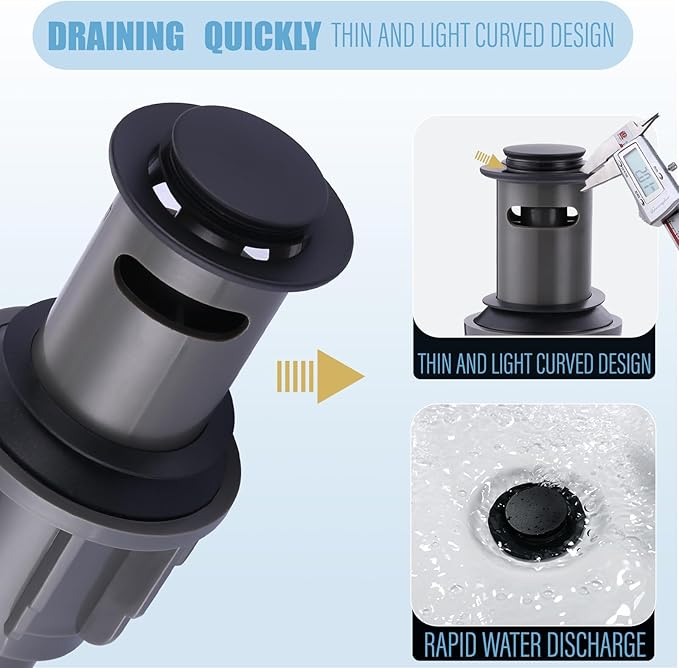 ALEASHA Bathroom Sink Drain with Overflow Vessel Sink Stopper,Pop Up Drain for Bathroom Sink Pop Up Drain Stopper for Hair Catcher,Matte Black