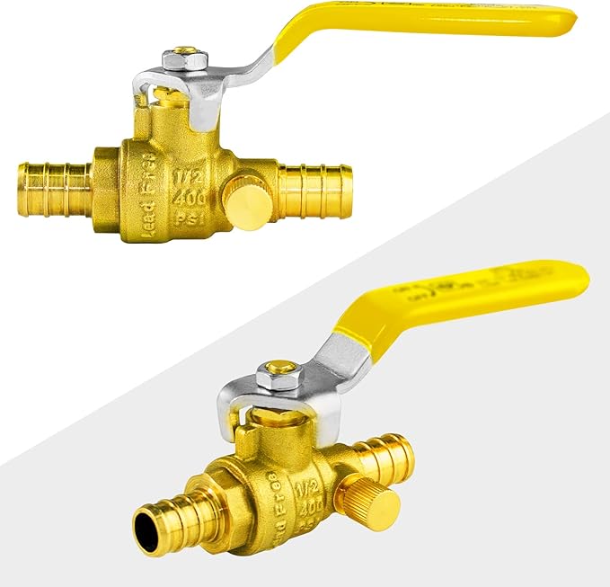 WiseWater 1/2 Inch X 1/2 Inch PEX Ball Valve with Drain, Brass Plumbing Fitting, Full Port Water Stop Shut Off Valve (5pack)