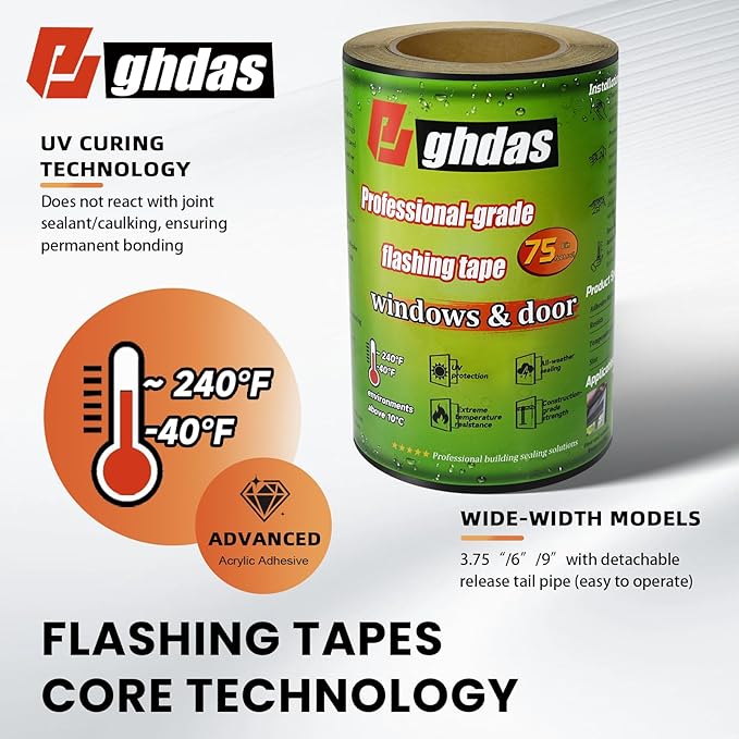 Flashing Tape, 6" x 75', Industrial Strength for Windows, Doors, Weather-Resistant, UV-Resistant, Tear-Resistant, Advanced Acrylic Adhesive, Black