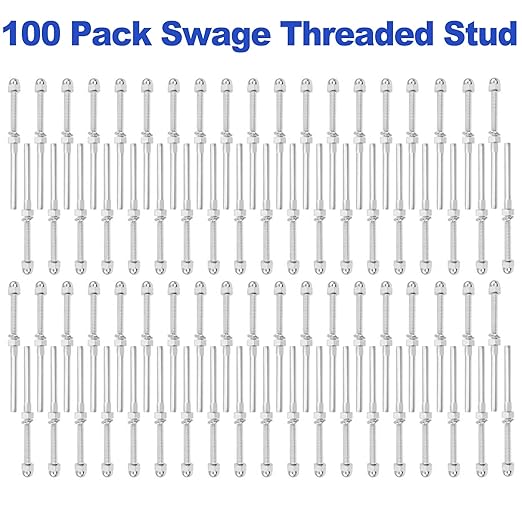 CKE 100 Pack Cable Railing Kit - Hand Swage Threaded Stud Tensioner for 1/8" Cable - 2x2 Wood/Metal Post Deck Stair Hardware Terminal, T316 Stainless Steel