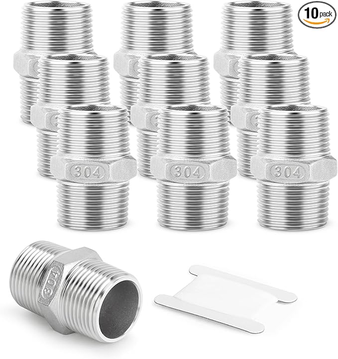 10PCS 304 Stainless Steel Hex Nipple, 3/8" Male NPT Straight Head Pipe Adapter Fittings, Equal Nipples Connectors for Oil, Water Line, Gas