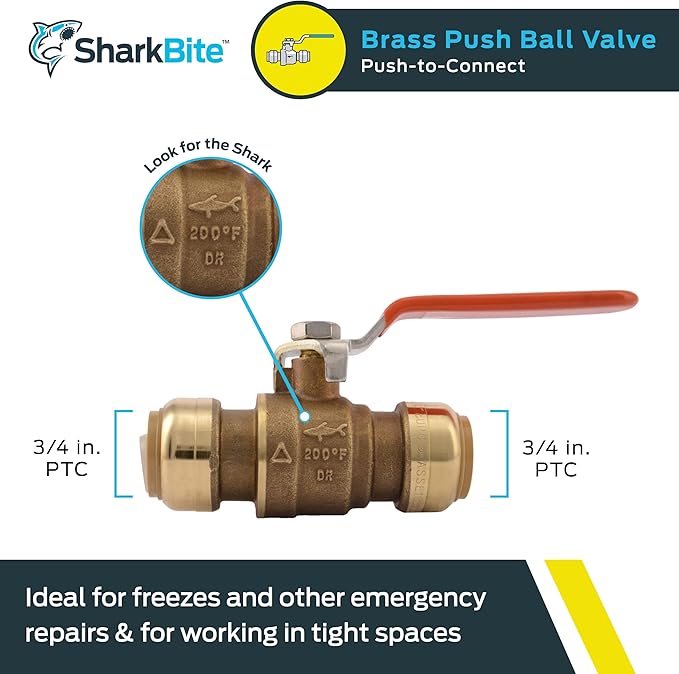 SharkBite 3/4 Inch Ball Valve, Push to Connect Brass Plumbing Fitting, Water Shut Off, PEX Pipe, Copper, CPVC, PE-RT and HDPE Pipe, 22185-0000LFA