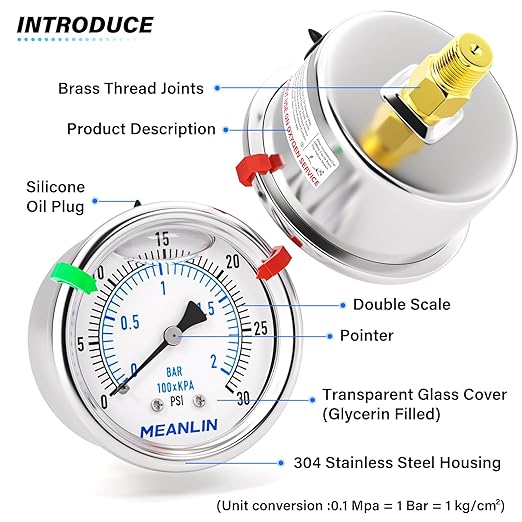 MEANLIN MEASURE 0~30Psi Low Liquid Filled Pressure Gauge Stainless Steel 1/4" NPT 2" FACE DIAL for Pool Sand Filter Water Oil Air Pressure Test Center Back Mount, with Hex Bushing and 2PCS Snaps