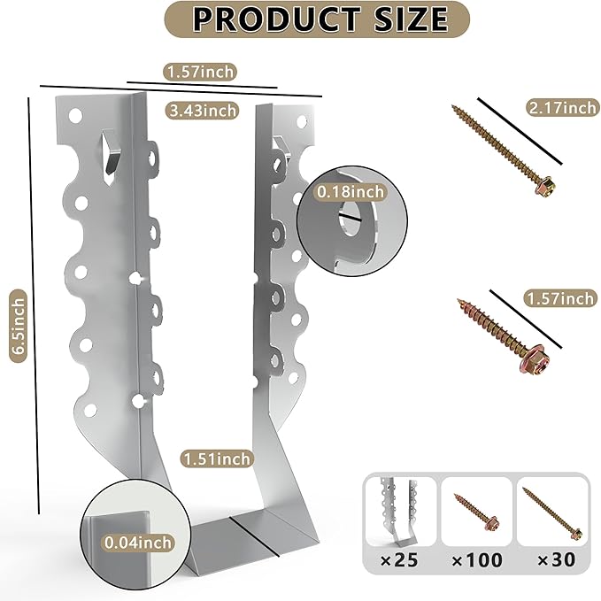25pcs 2x8 Joist Hangers with Screws, 20-Gauge Galvanizing Face Mount Joist Hanger for Wood Posts, Hurricane Rafter Ties Clips, 2x8 Brackets for Floor Deck and Ceiling Trusses, Lumber Beam Connectors