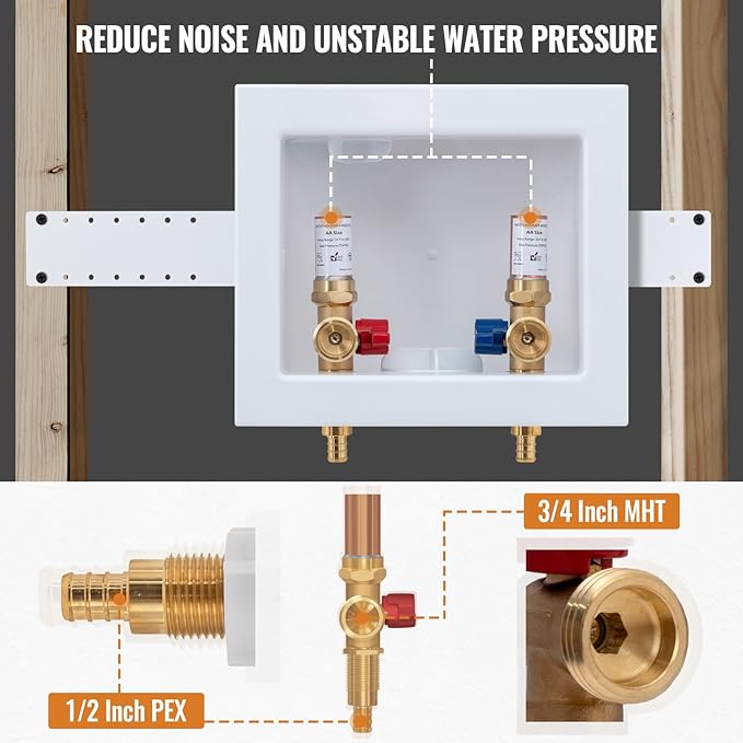 SUNGATOR Washing Machine Outlet Box with Brass Water Hammer Arrestor, Laundry Washer Water Valve Wall Box with Center Drain, 1/2 Inch Pex Crimp Inlet x 3/4 Inch MHT Outlet (4 Crimp Rings)