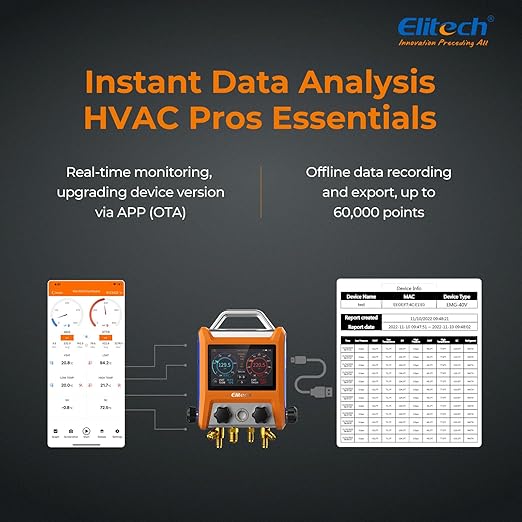 Elitech Digital 4 Valve Manifold Gauge HVAC with Refrigerant Hoses, Vacuum Micron Gauge, Thermometer Clamps, OTA Upgrade, Wireless APP Control